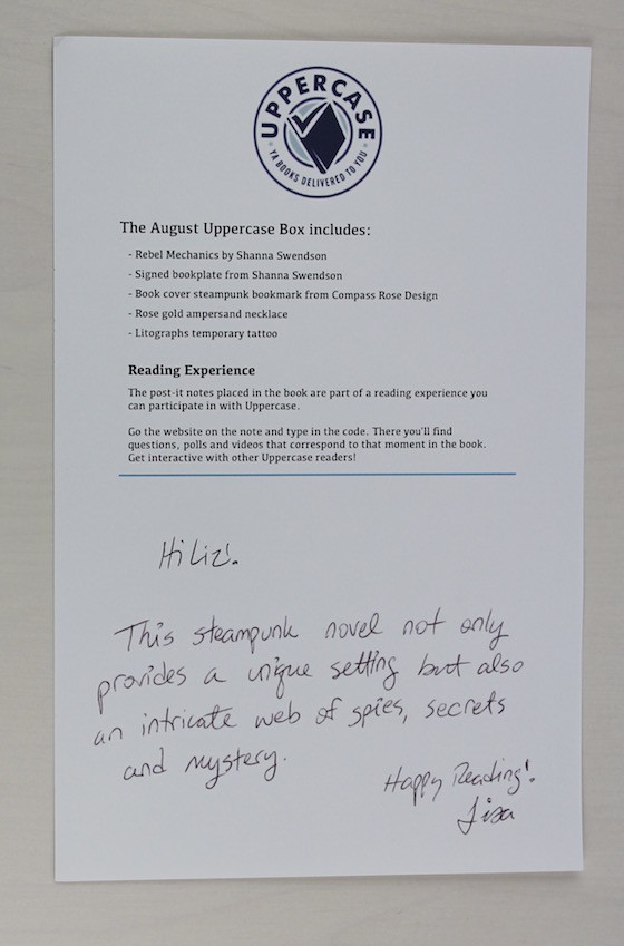 Uppercase YA Book Subscription Box Review – August 2015 Letter