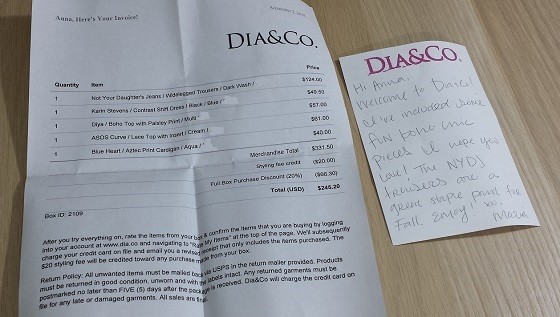 Dia & Co. Subscription Review September 2015 - letter-note