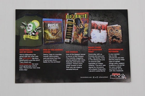 Horror Block Subscription Box Review August 2015 - Card Back