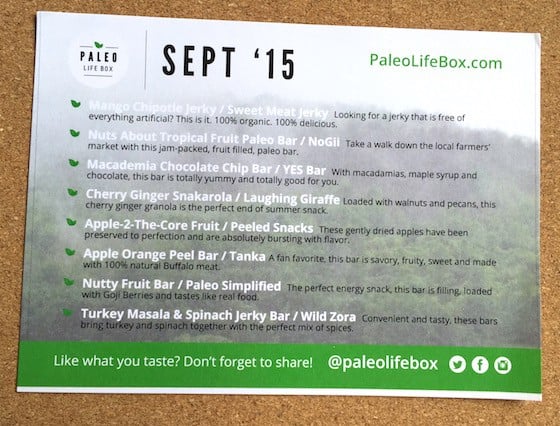 Paleo Life Box Subscription Box Review September 2015 - Card