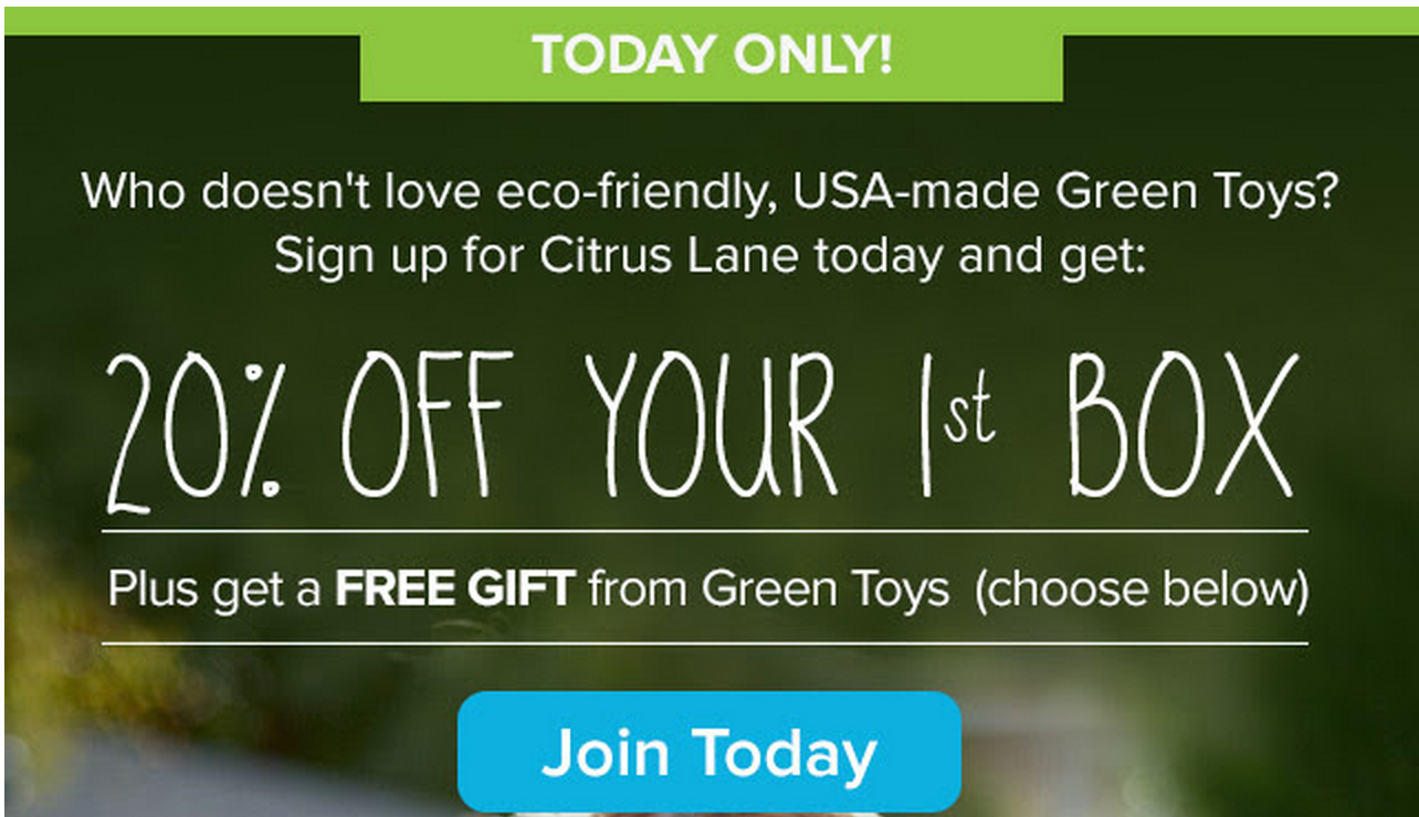 Free Green Toys Gift + 20% Off First Month of Citrus Lane!