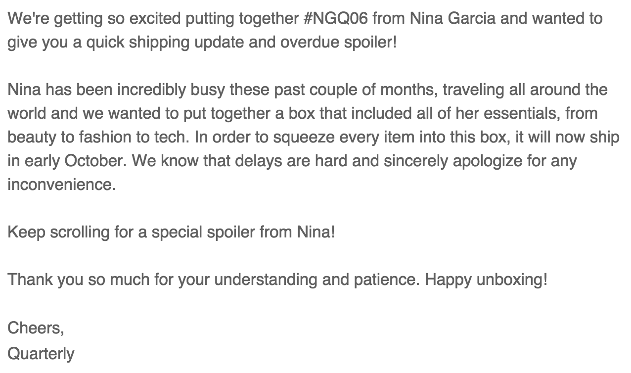 Nina Garcia Quarterly Box #NGQ06 Spoiler + Shipping Update!