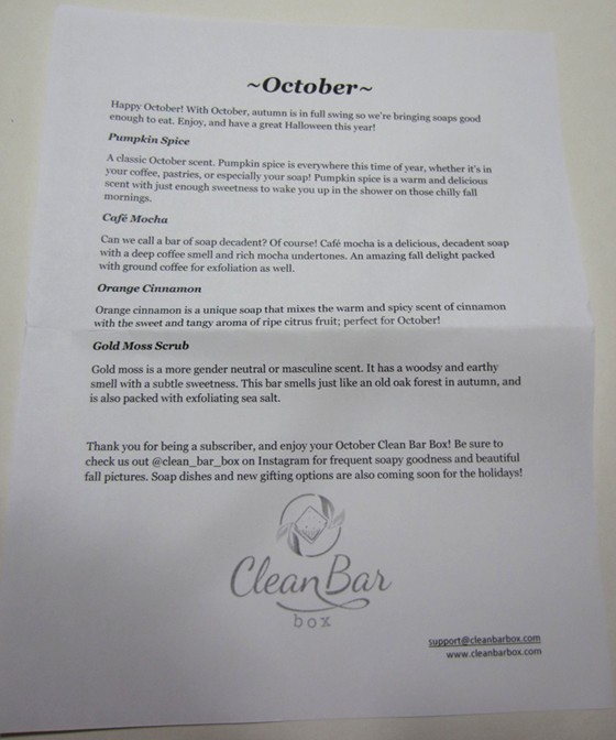 Clean Bar Box Subscription Box Review October 2015 - infosheet