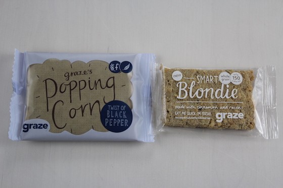 Graze 8-Snack Subscription Box Review + Free Box Coupon November 2015 - pop corn and blondie
