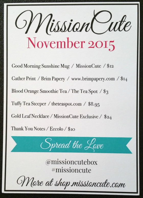 Mission Cute Subscription Box Review November 2015 - info card