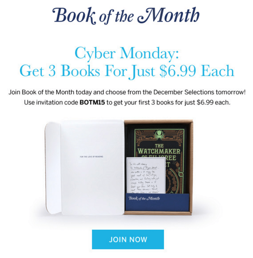 Book of the Month Cyber Monday – 3 Books for $6.99 Each