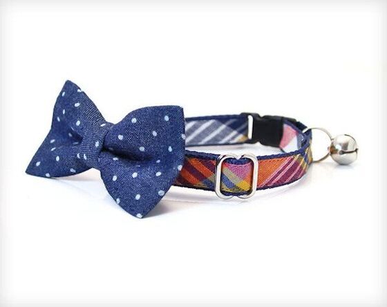 Bow Tie Cat Collar Set - "Weekend" - Navy Plaid Collar + Denim Chambray Mini Dot Detachable Bow Tie
