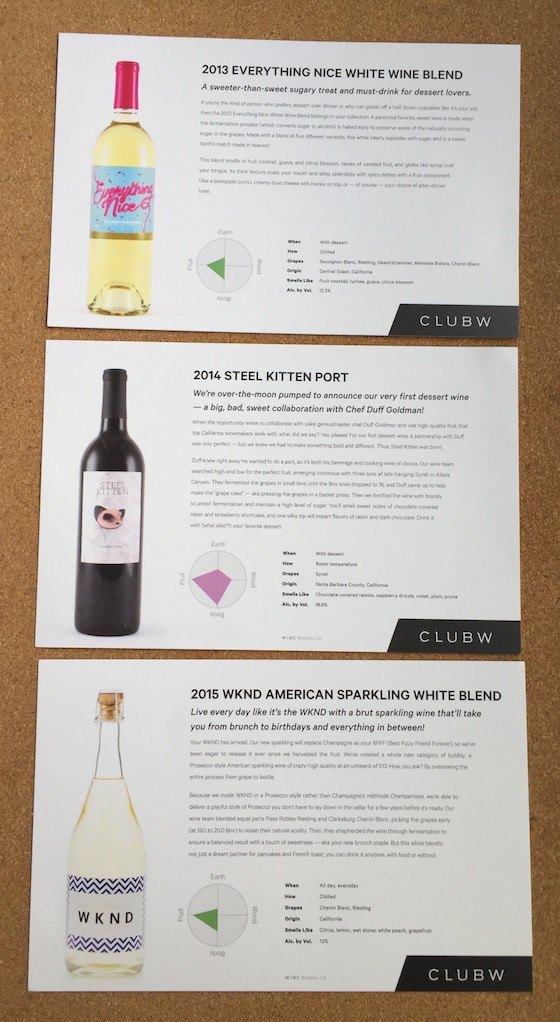 Club W Wine Subscription Review & Coupon December 2015 - Cards