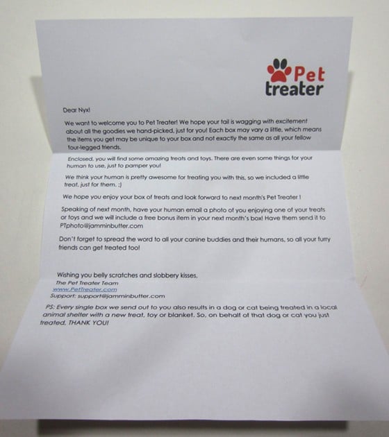 Pet Treater Subscription Box Review November 2015 - letter
