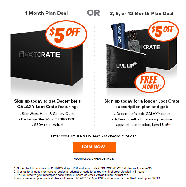 Extended! Loot Crate Cyber Monday Deal – $5 off + Free Month Of Level Up!