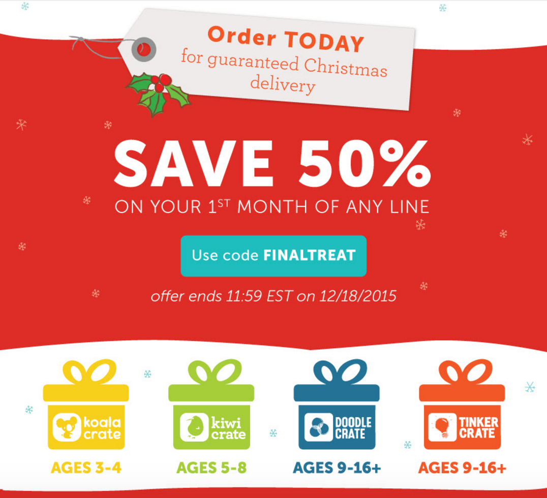 Last Day For 12/24 Kiwi Crate Delivery + 50% Off Coupon!