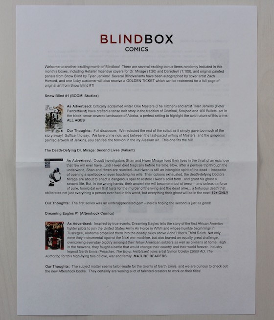 Blindbox Comics Subscription Box Review + Coupon January 2016 - letter front