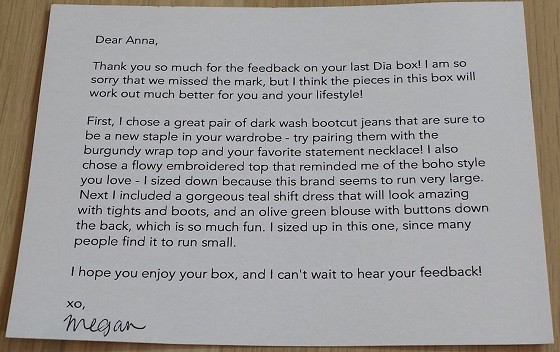Dia & Co. Subscription Review January 2016 - note-2