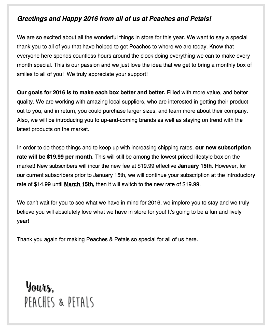 Peaches and Petals Subscription Pricing Update
