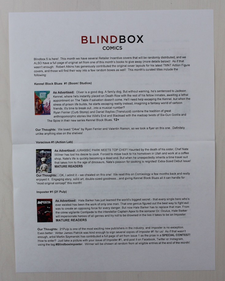 Blindbox Comics Subscription Box Review + Coupon March 2016 - sheet front