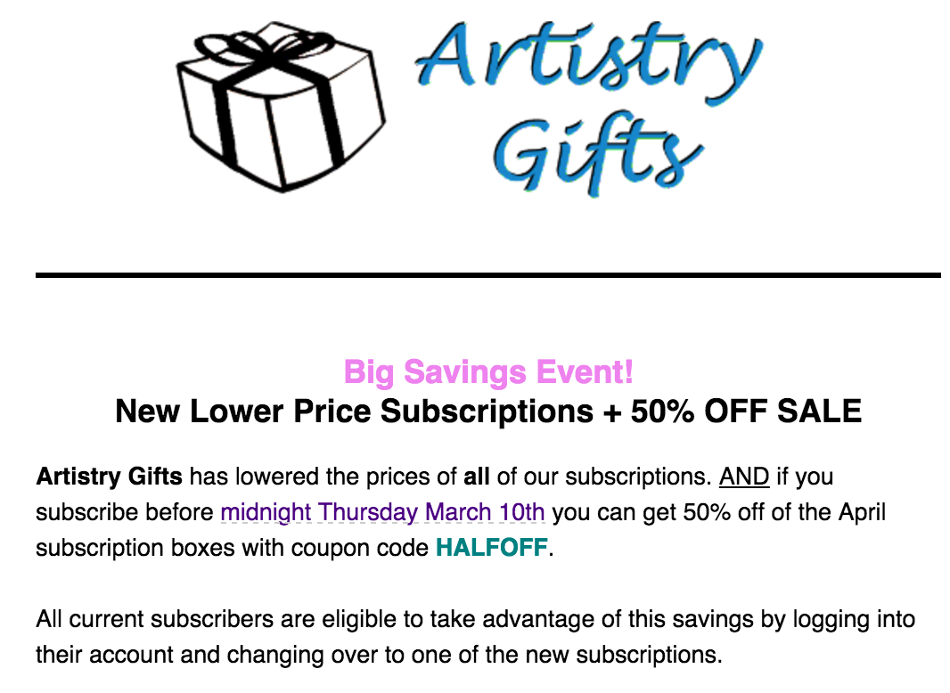 1 Day Only –  50% Off Any Artistry Gifts Subscription!