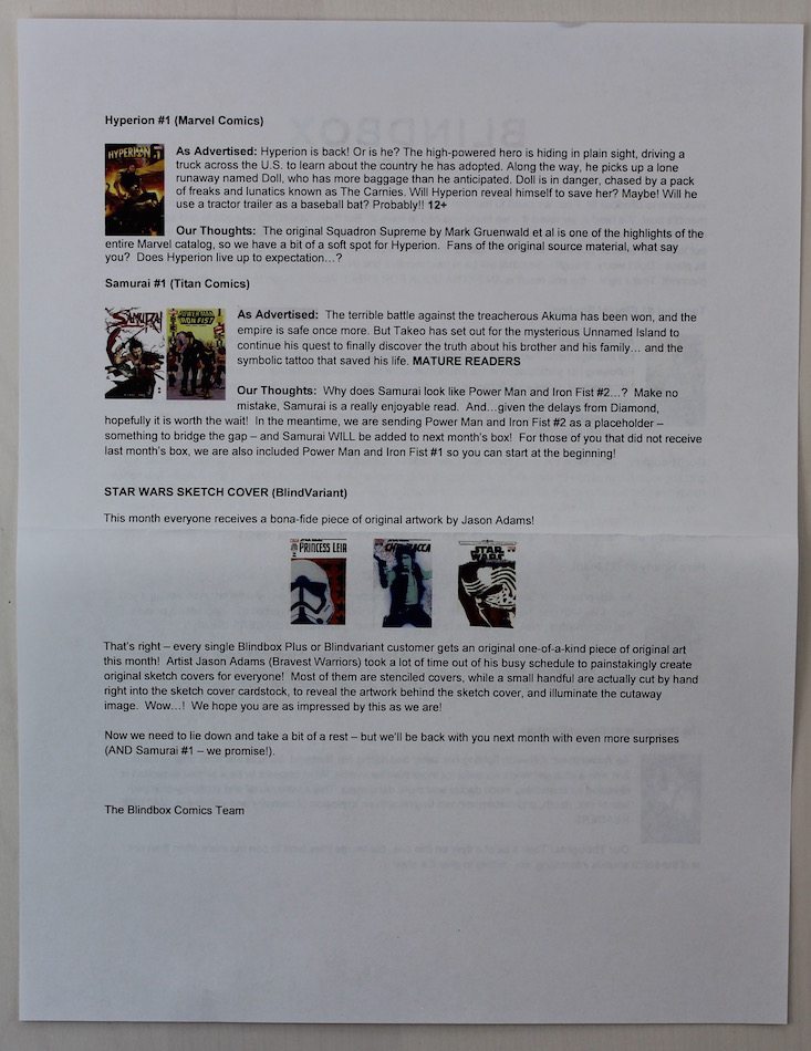 Blindbox Comics Subscription Box Review + Coupon April 2016 - info sheet back