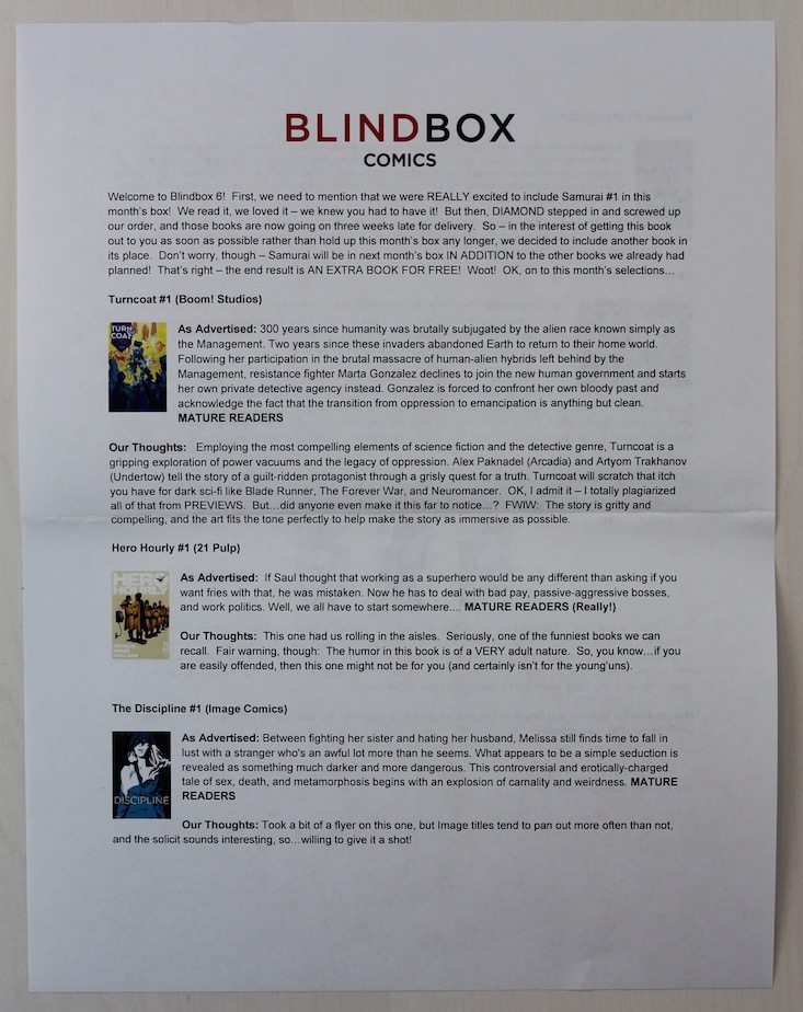 Blindbox Comics Subscription Box Review + Coupon April 2016 - info sheet