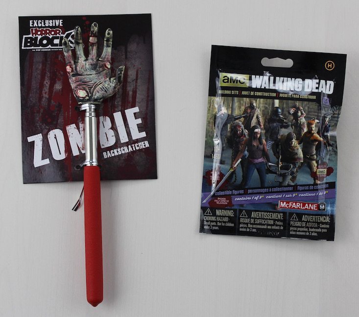 Horror Block Subscription Box Review + Coupon March 2016 - zombie backscratch and walking dead figure