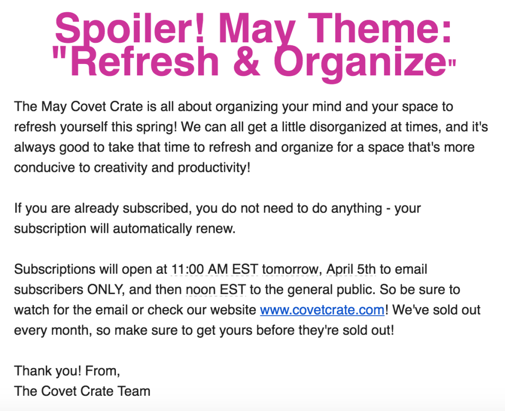 covet crate may spoiler