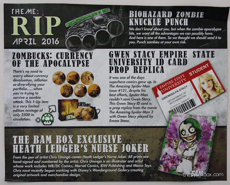 The BAM! Box Subscription Box Review + Coupon April 2016 - info sheet