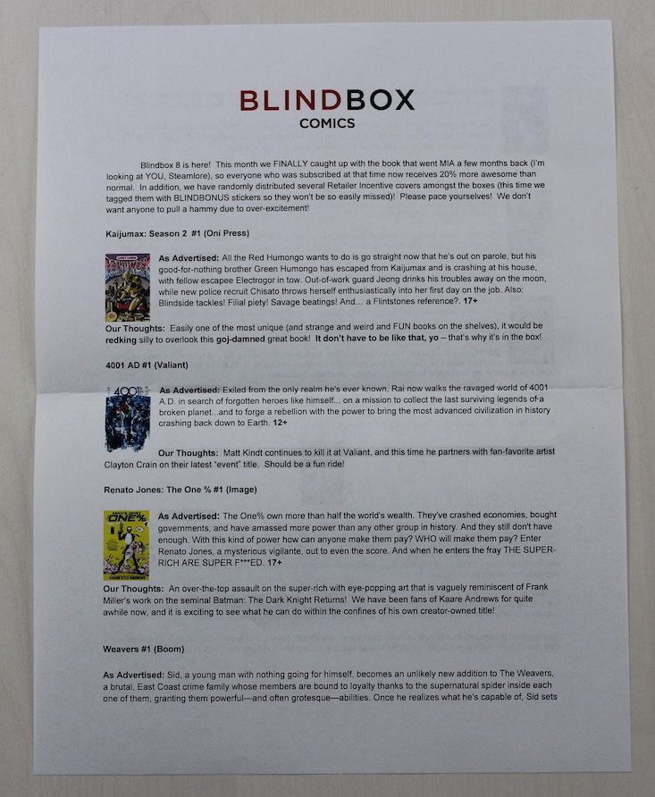 Blindbox Comics Subscription Box Review + Coupon June 2016 - infosheet front