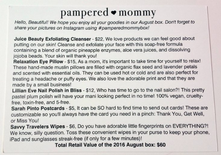 PAMPERED MOMMY AUGUST 2016 - INFO