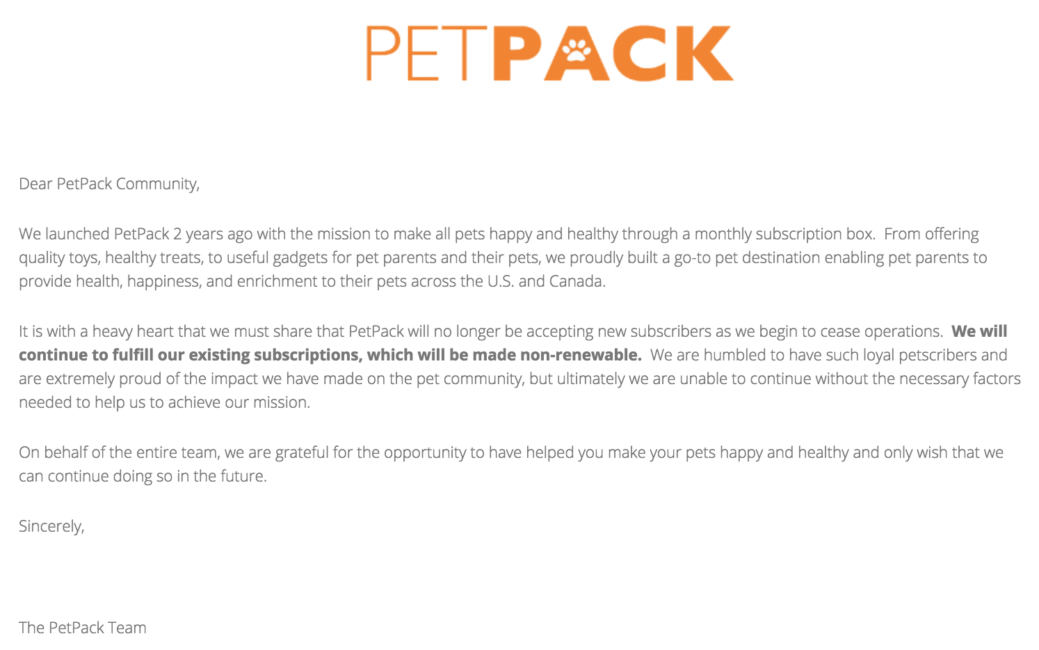 FYI – PetPack Subscriptions are Ending