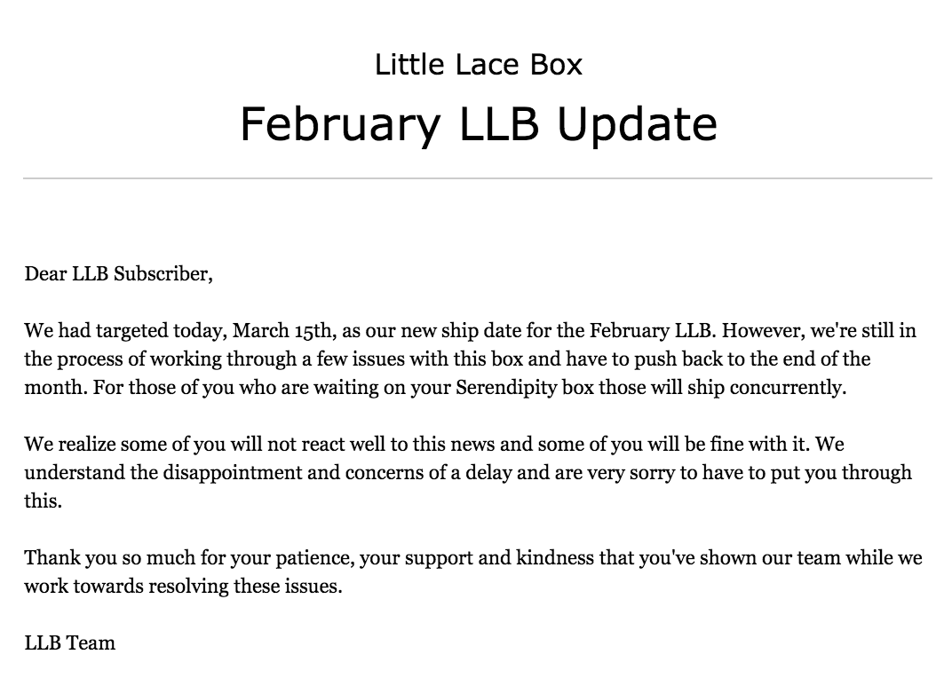 FYI – Little Lace Box February 2017 Box Shipping Update #2