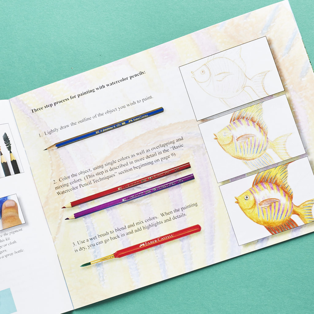 Detail photo of instruction booklet for Faber Castell watercolor pencil kit, from Target Arts & Crafts Kids Subscription