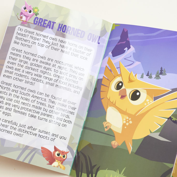 Animal Jam May 2017 Subscription Box: Detail of Nature Guide booklet with info about the Great Horned Owl