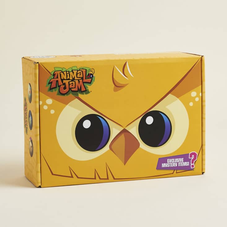 Animal Jam May 2017 Subscription Box: Exterior of box with Animal Jam logo and yellow owl face.