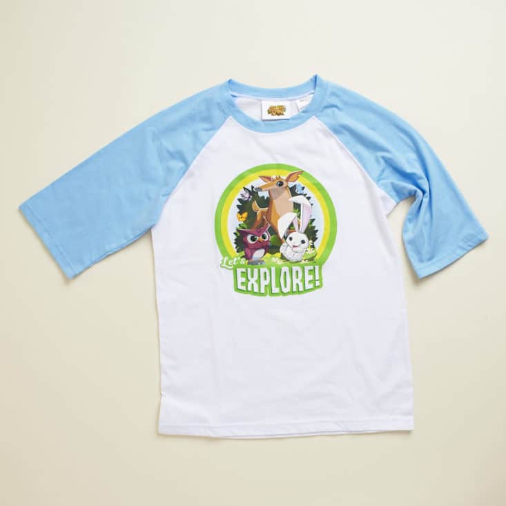 Animal Jam May 2017 Subscription Box: Blue and white raglan tee size 10/12 with "Explorer" Animal Jam graphic