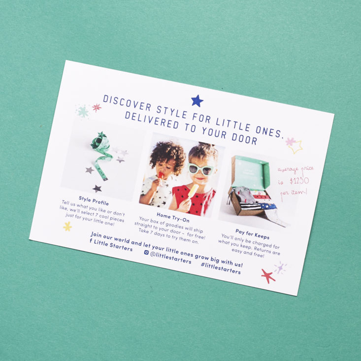 The back of the postcard from Little Starters in our May 2017 box