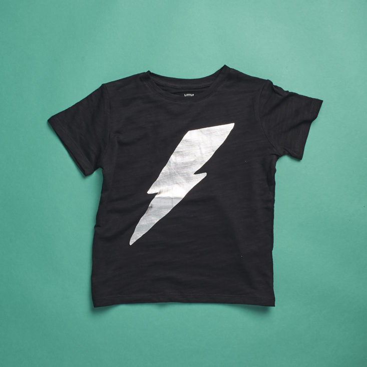 A black t-shirt with a lightning bolt from Little Starters, size 3T