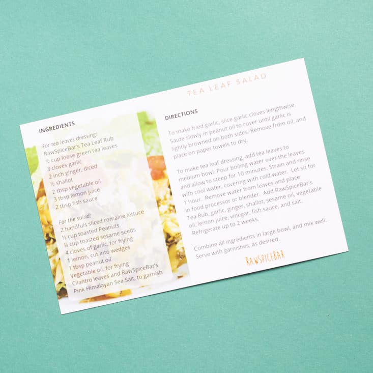 RawSpiceBar Recipe Card for Tea Leaf Salad.