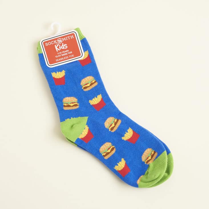 Say It With A Sock for Girls 2017 Review: Blue socks with a burger and fries print