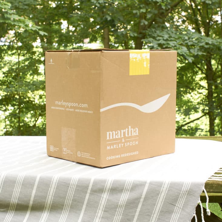 Martha Stewart & Marley Spoon Grilling Recipes Review June 2017 - Box exterior on outdoor picnic table setting.