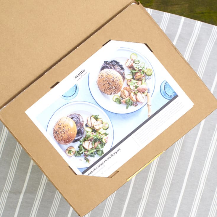 Martha Stewart & Marley Spoon Grilling Recipes Review June 2017 - First peek inside the box showing the top recipe card.