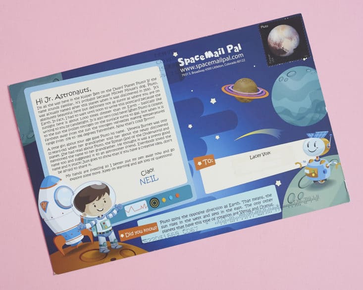 Space Mail Pal Kids Subscription June 2017 Review - Pluto Postcard