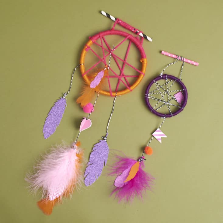 Target Arts and Crafts June 2017 Review - Finished Dreamcatchers on Green Background