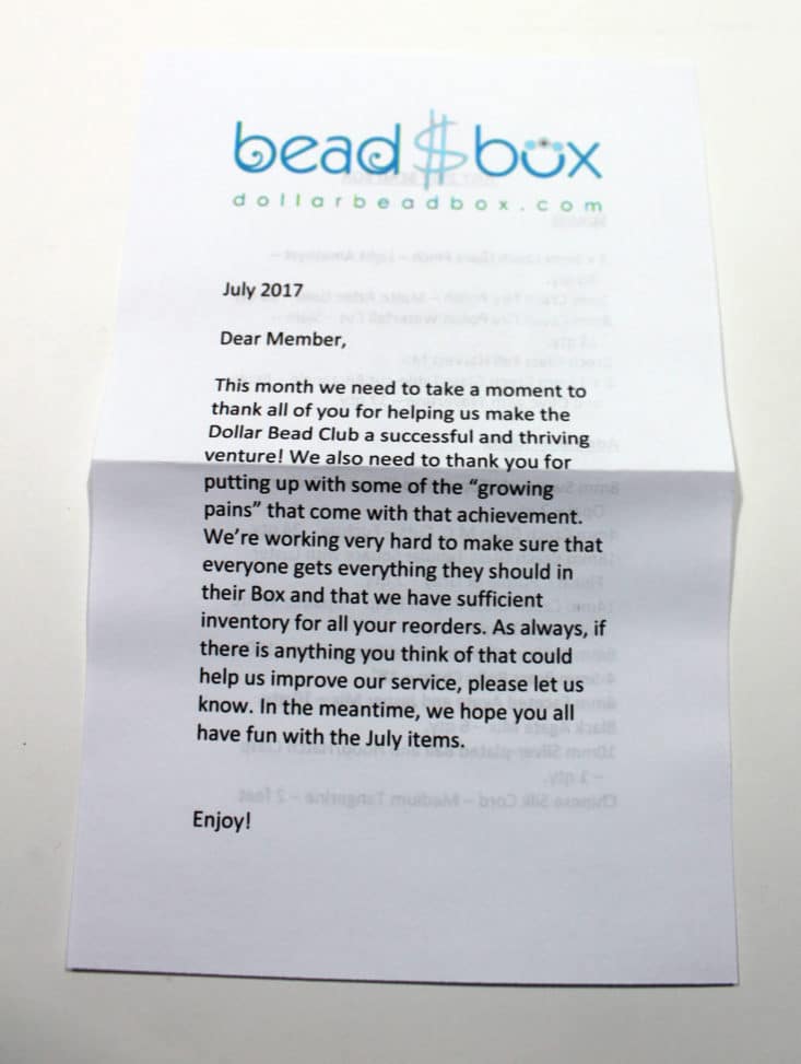 See the beading supplies in my review of the July 2017 Dollar Bead Box!