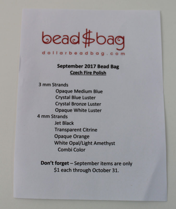 Dollar Bead Bag September 2017