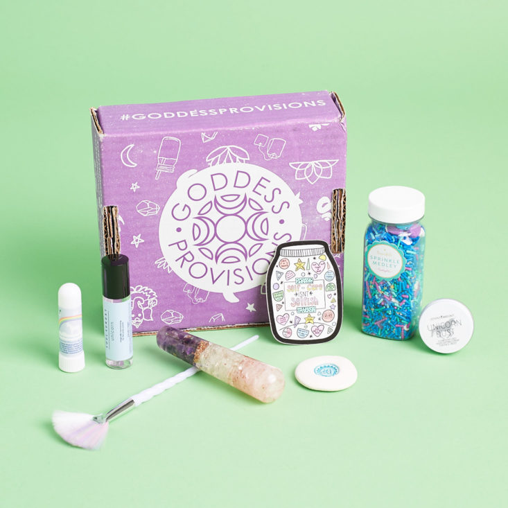 This month's box is all about UNICORNS! See the holistic beauty & wellness items inside Goddess Provisions for August 2017!