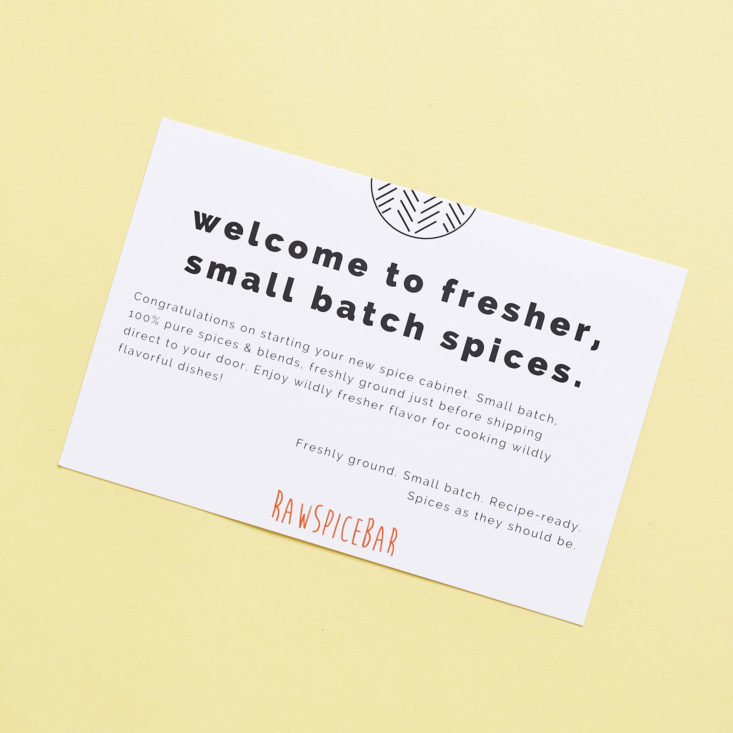 Raw Spice Bar Quarterly Spice Subscription - Welcome Card