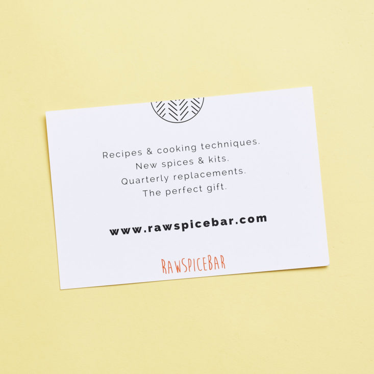 Raw Spice Bar Quarterly Spice Subscription - Welcome Card