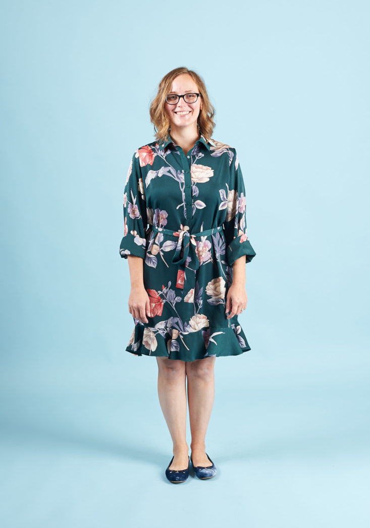 StitchFix Petite Fall 2017 Review - Outfit #3 Green Floral Ruffle Dress