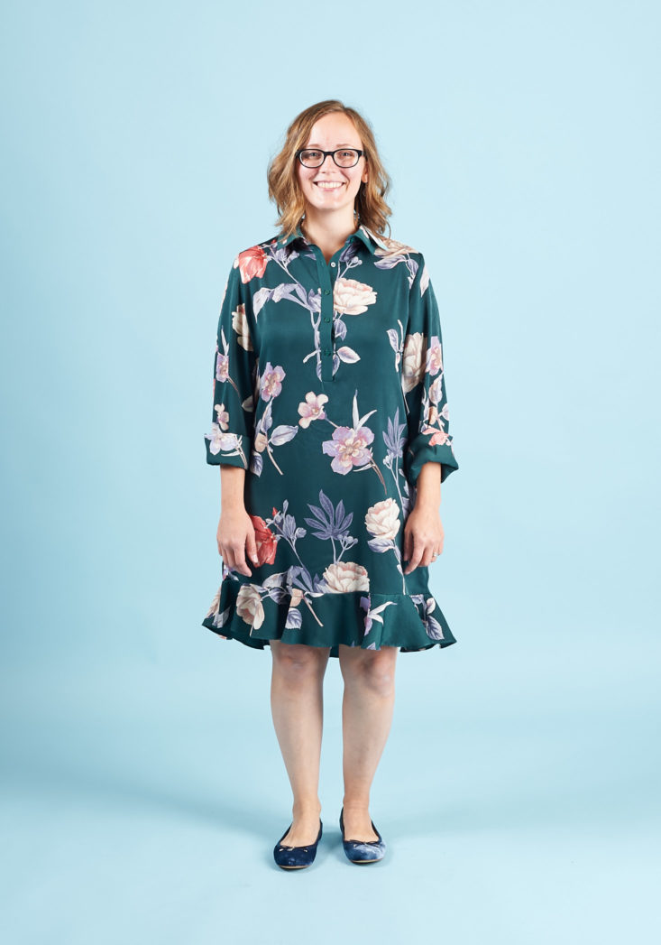 StitchFix Petite Fall 2017 Review - Outfit #3 Green Floral Ruffle Dress