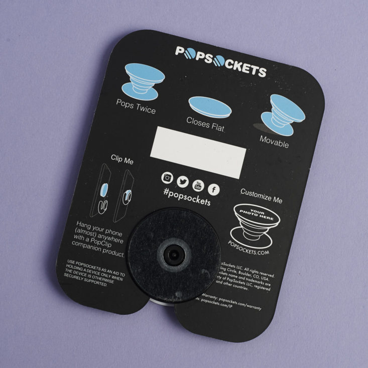 back of Popsockets phone grip and stand package