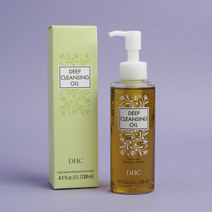 DHC deep cleansing oil bottle next to packaging